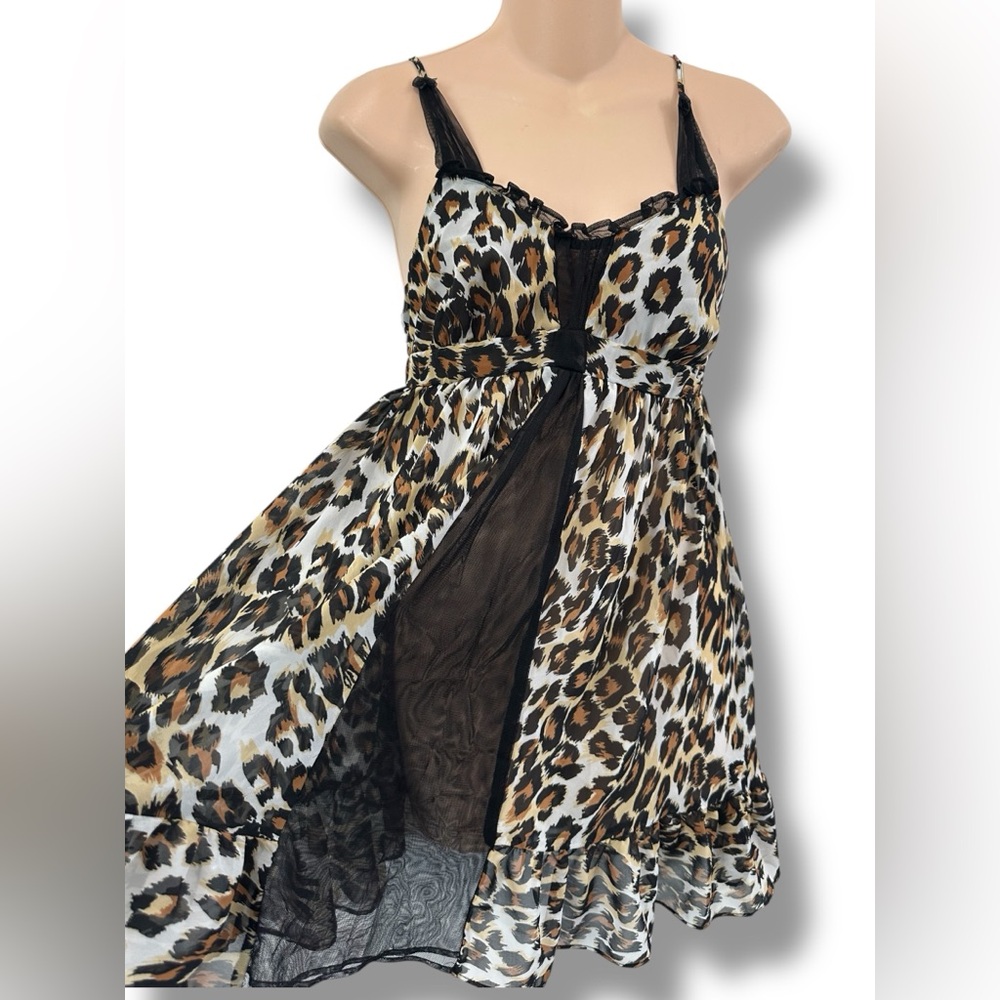 Vintage Betsey Johnson Sheer Mesh Leopard Babydoll Nightie Ruffled Slip Dress M